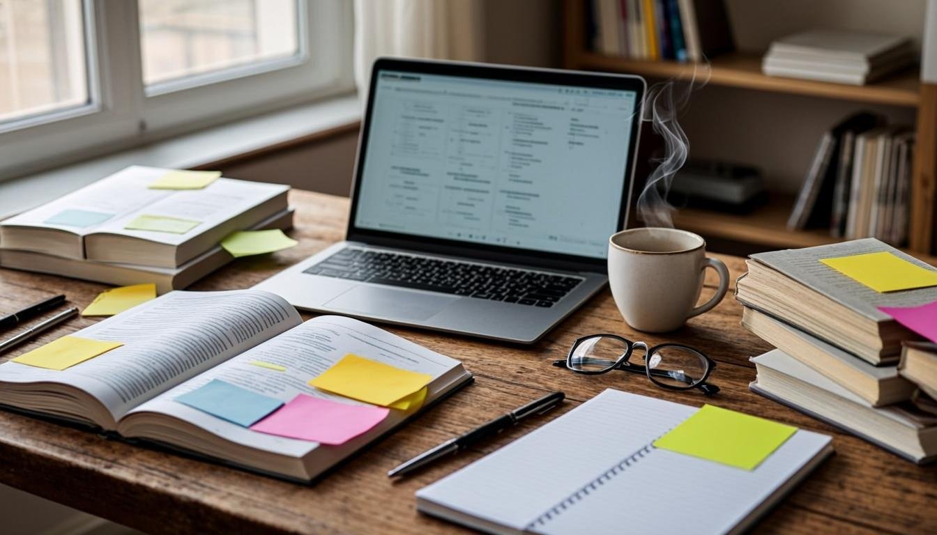 Study desk with various educational materials and tools for exam preparation