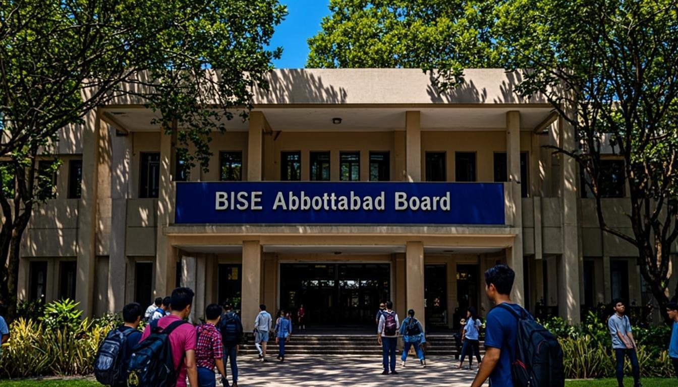 Students applying for BISE Abbottabad Board improvement exams at a modern campus