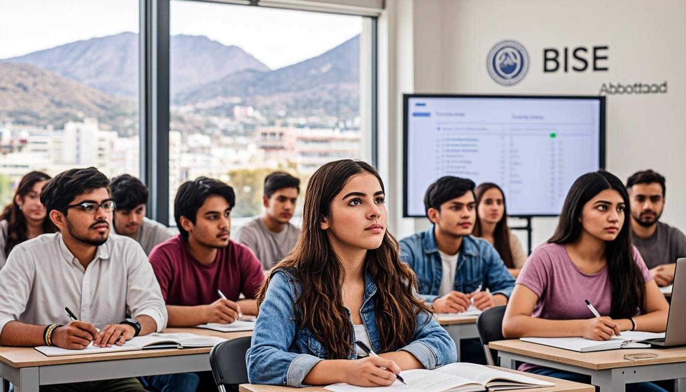 Students viewing BISE Abbottabad board results in a classroom setting