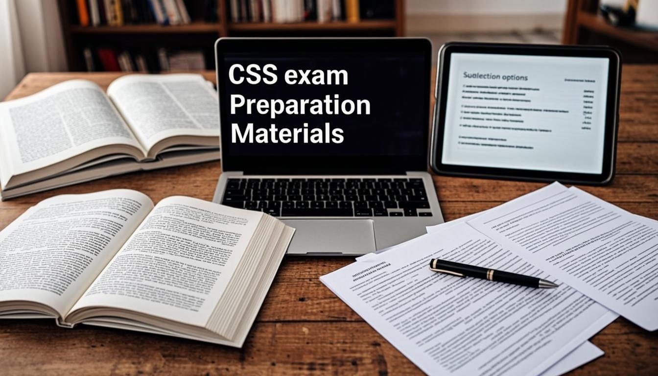 Student preparing for CSS exams with study materials and digital resources