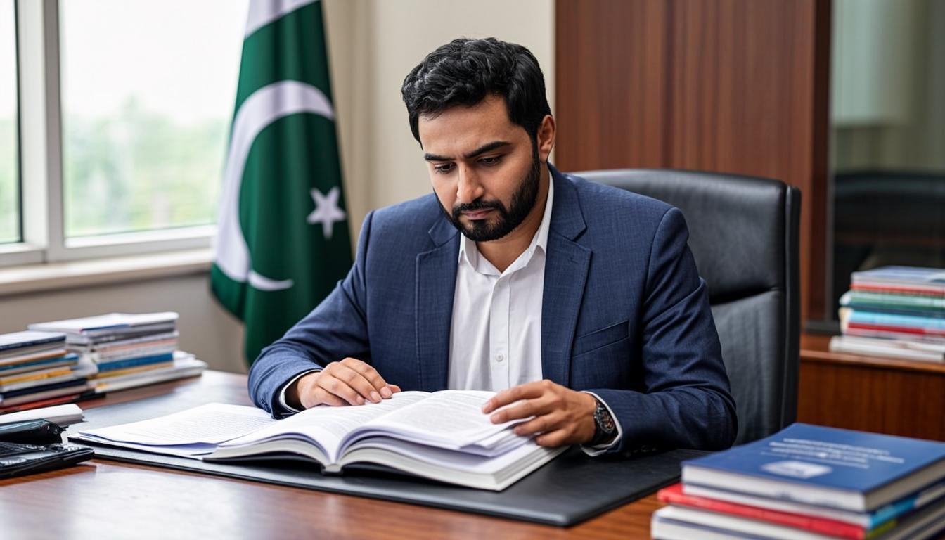 Pakistani student preparing for CSS exams with study materials