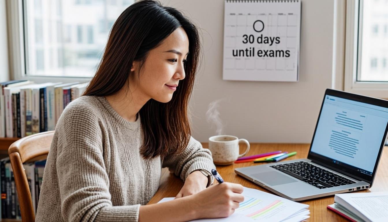 Student preparing for exams in a calm, organized study environment