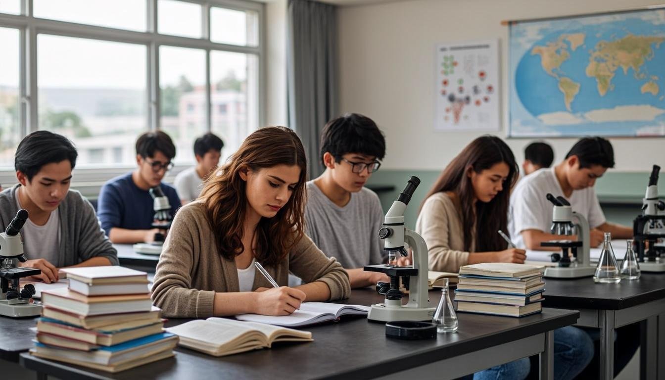 Students preparing for CSS exams with scientific equipment and study materials