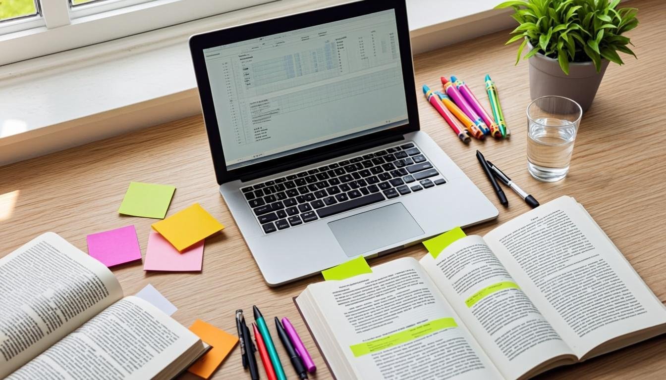 Organized study desk with exam preparation materials
