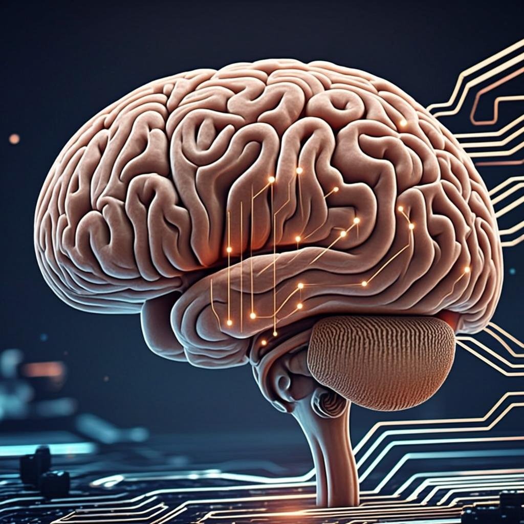 Human brain with neural pathways transforming into circuit patterns representing scientific thinking