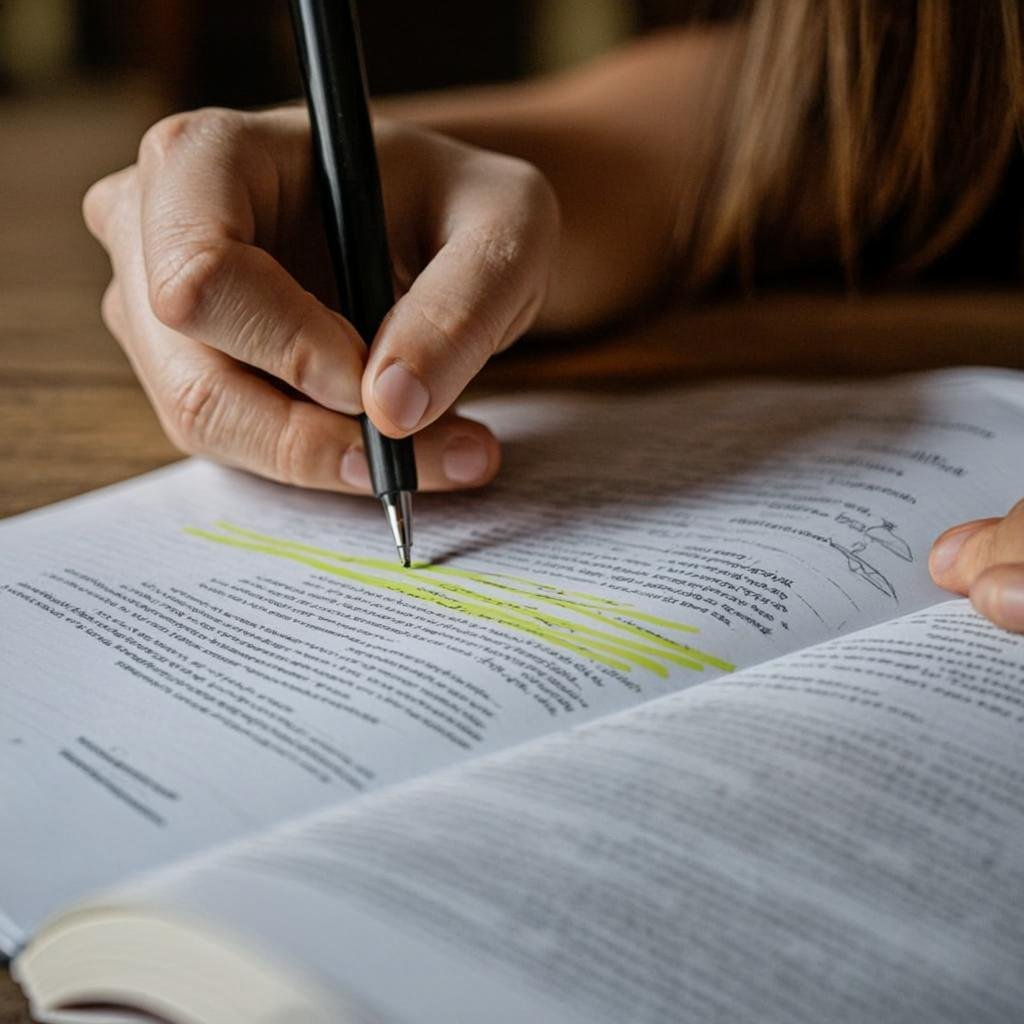 Student highlighting important text in textbook