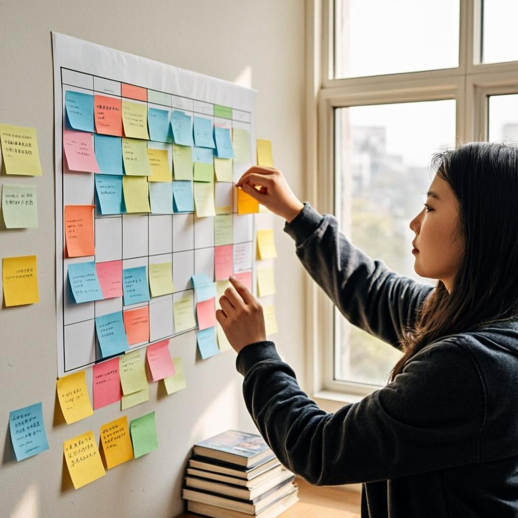 Student creating color-coded study schedule for exam preparation