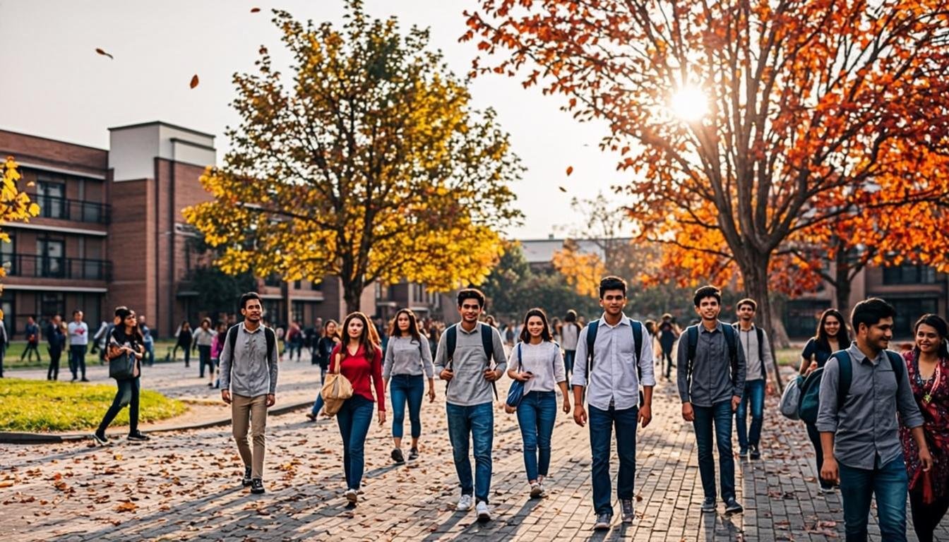 Pakistani university campus during autumn with students walking between buildings