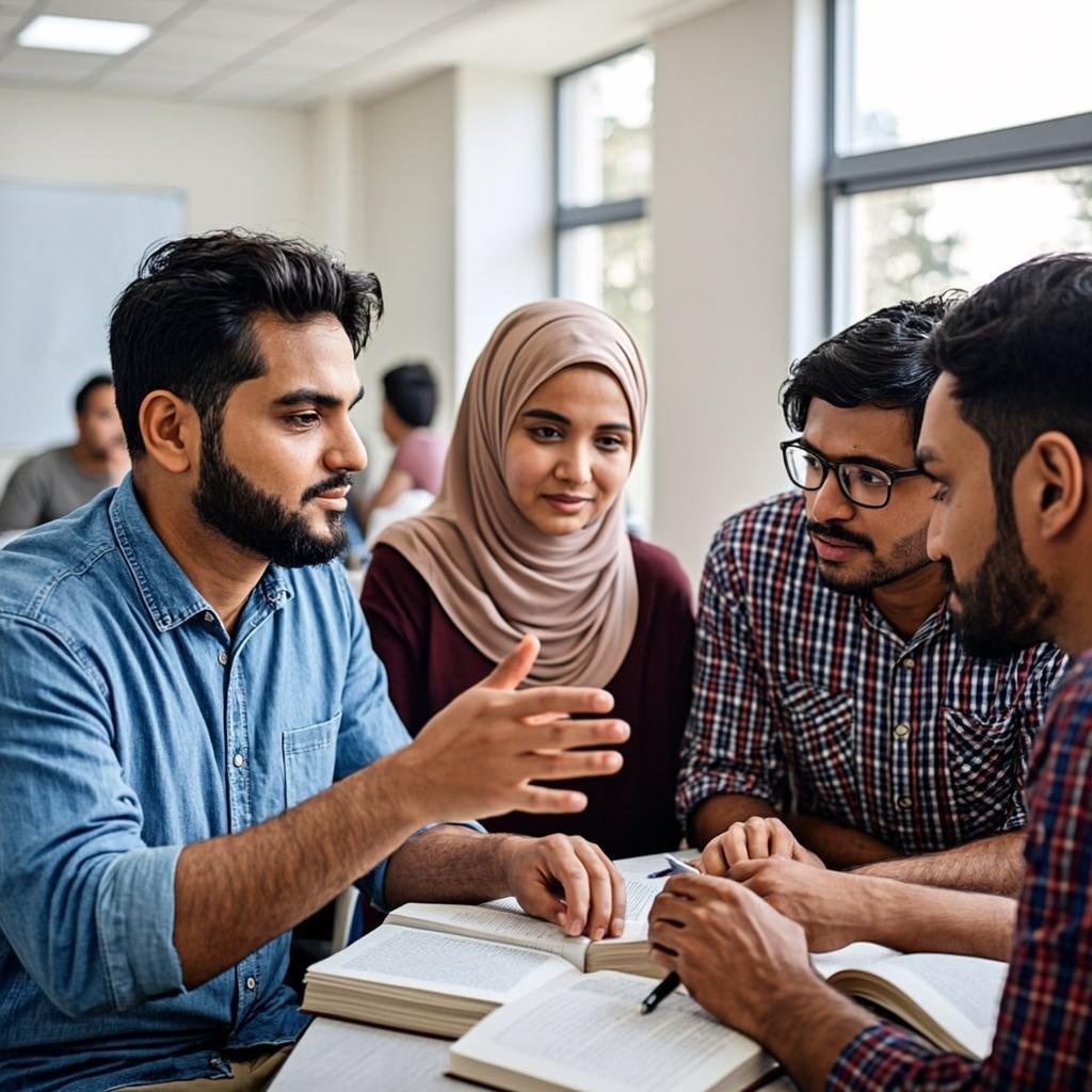 Pakistani university students in a classroom discussion