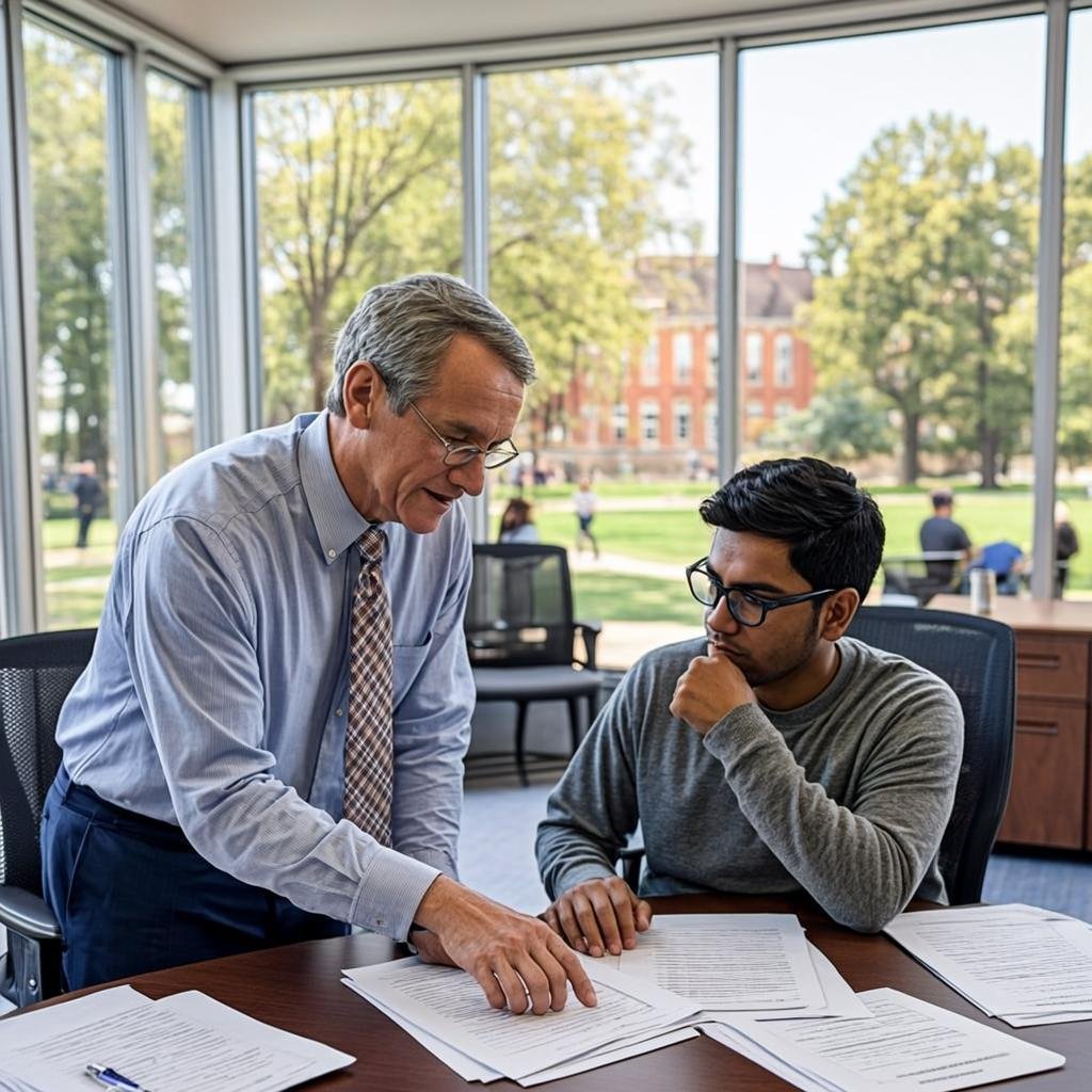 Academic advisor assisting with scholarship applications
